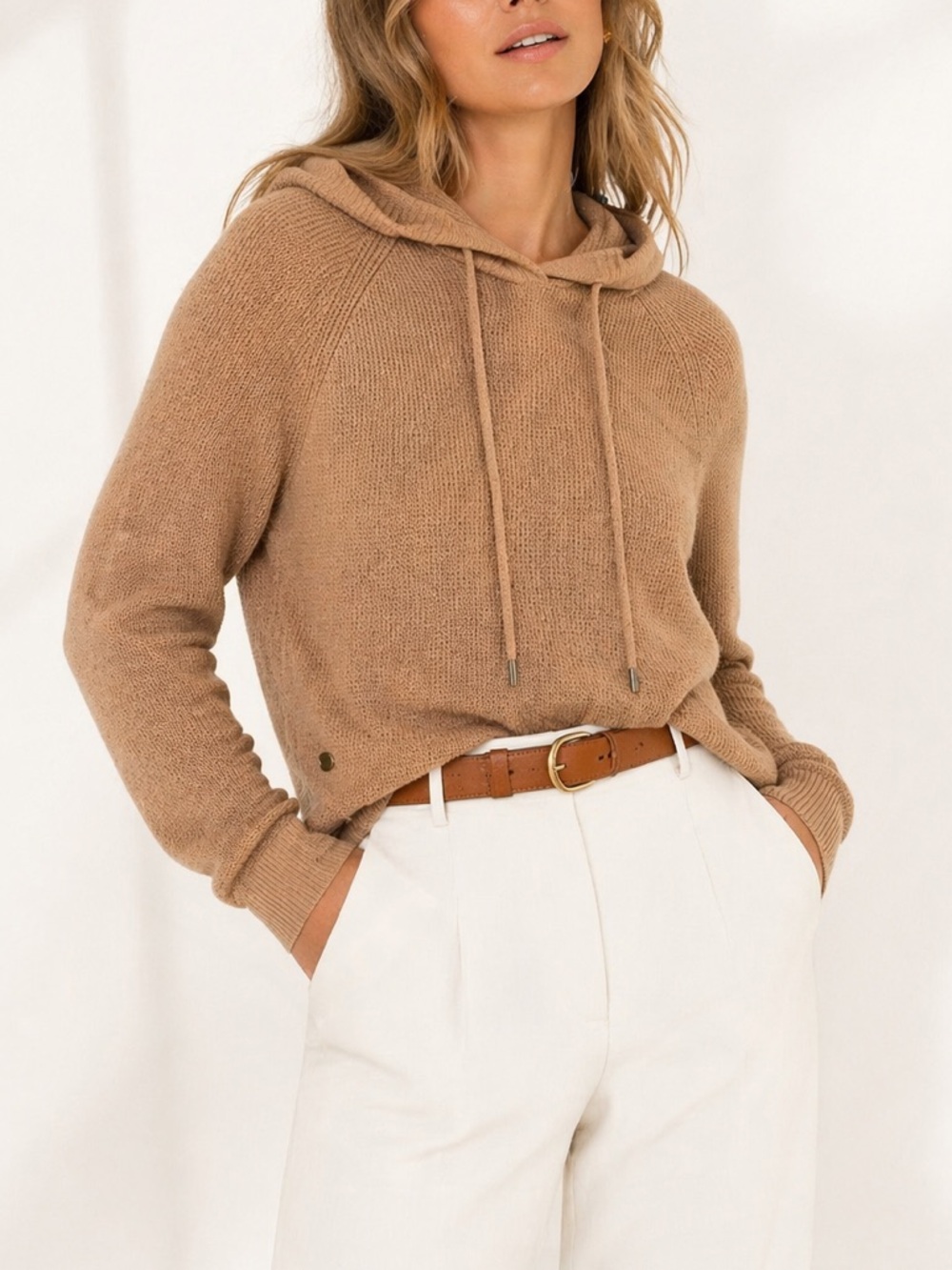 Lauren Ralph Lauren Waffle Knit Hoodie Sweater Beige Cotton Size Large